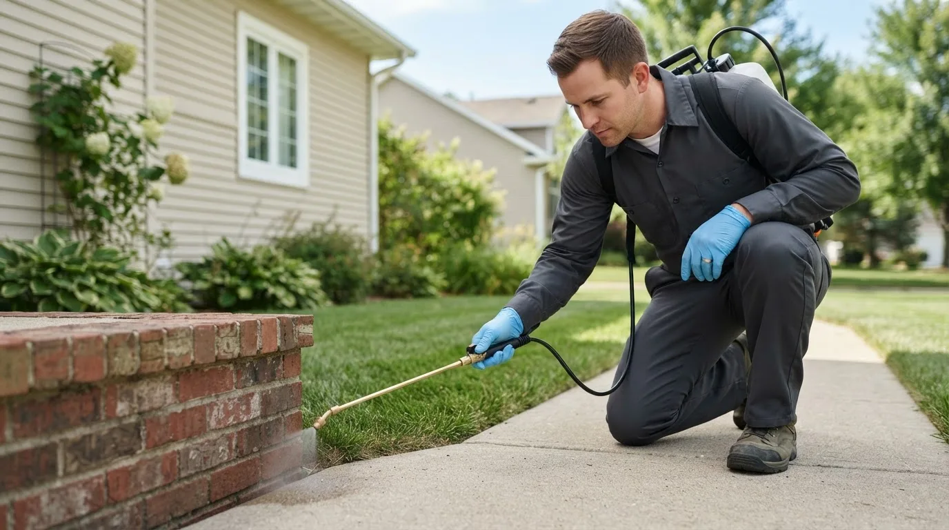 Pest control technician treating a home near Fairfax, MN